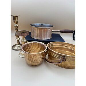 Vintage Brass Décor Lot – Planters & Candlesticks with Patina – 5-Pieces
